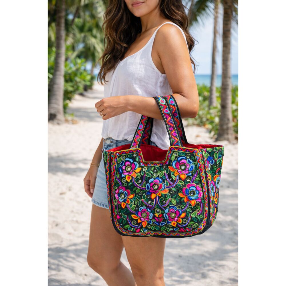 Boho Embroidered Floral Tote Bag Mirrored Tapestry Beach Handbag Vibrant NWOT